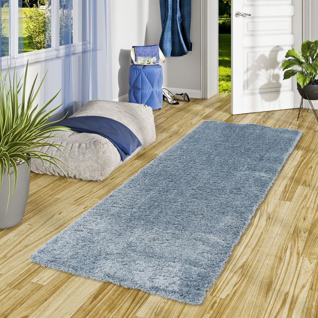 Luxus Hochflor Shaggy Teppich Läufer Dream Blau, Größe:80x240 cm
