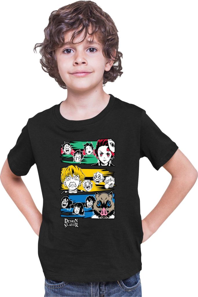 Kinder T-Shirt Demon Anime Slayer Kimetsu No Yaiba Tanjiro Zenitsu Inosuke 001, 7-8 Jahr - 128 / Schwarz