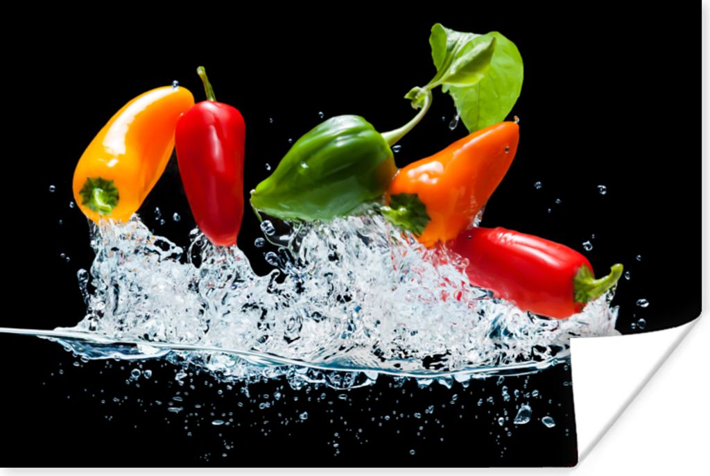 MuchoWow Poster Paprika - Schwarz - Gemüse - Wasser - Blatt 180x120 cm - Fotoplakat