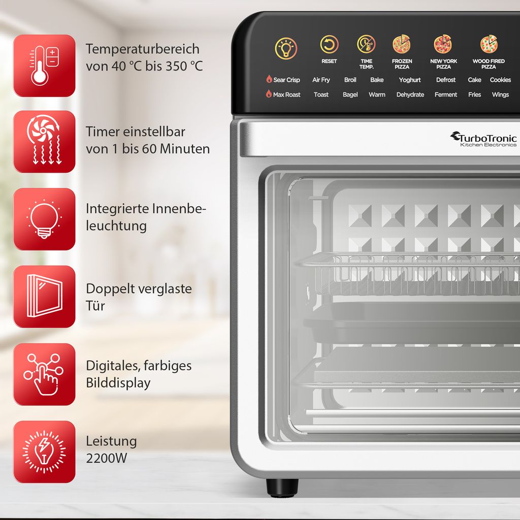 TurboTronic Multi-Smart-Ofen 34L 2100W - 19in1 Heißluftfritteuse & Dörrautomat | Airfryer Backofen Grill