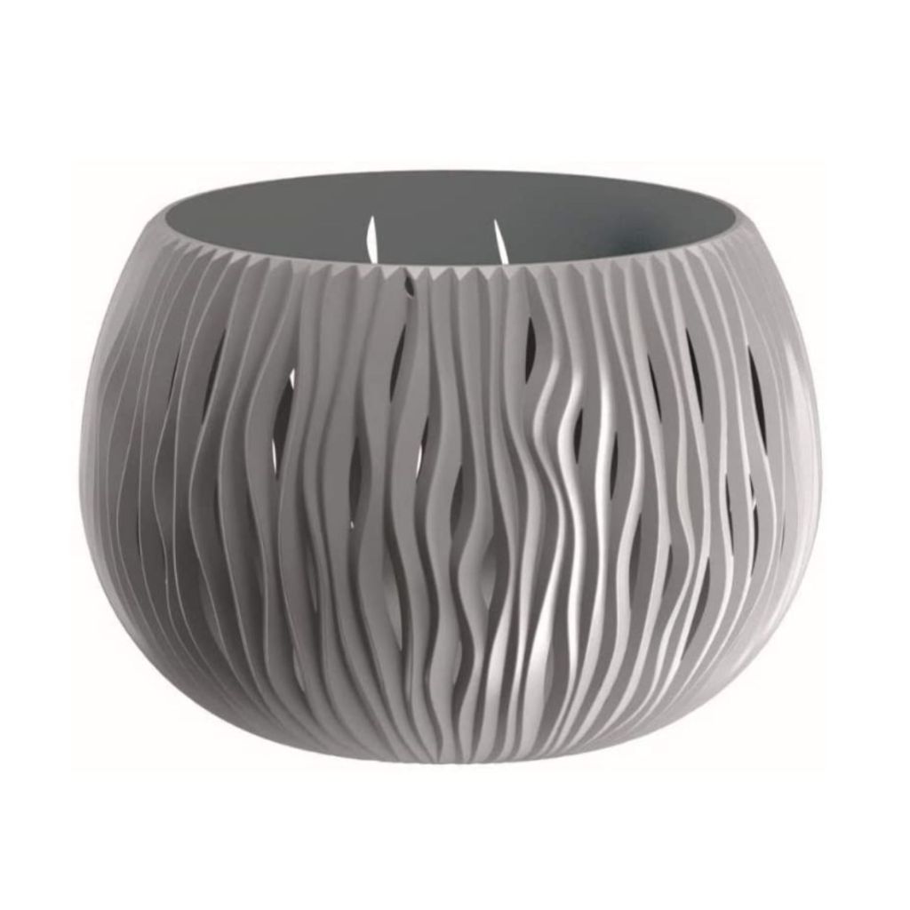 A gray, textured, round planter pot.