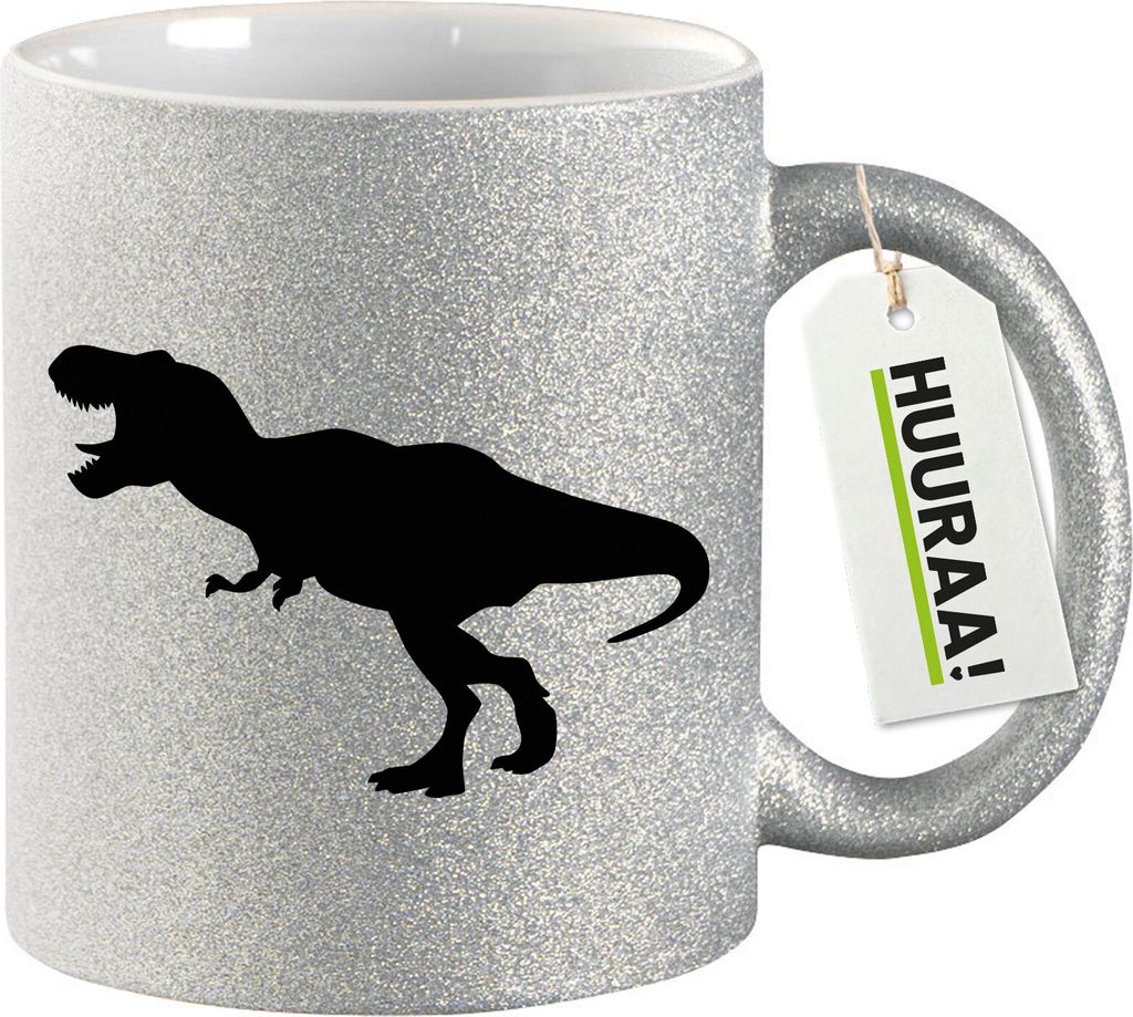 Huuraa Glitzertasse Tyrannosaurus Rex Dinosaurier 330ml Silber Keramik Kaffeebecher Geschenkidee
