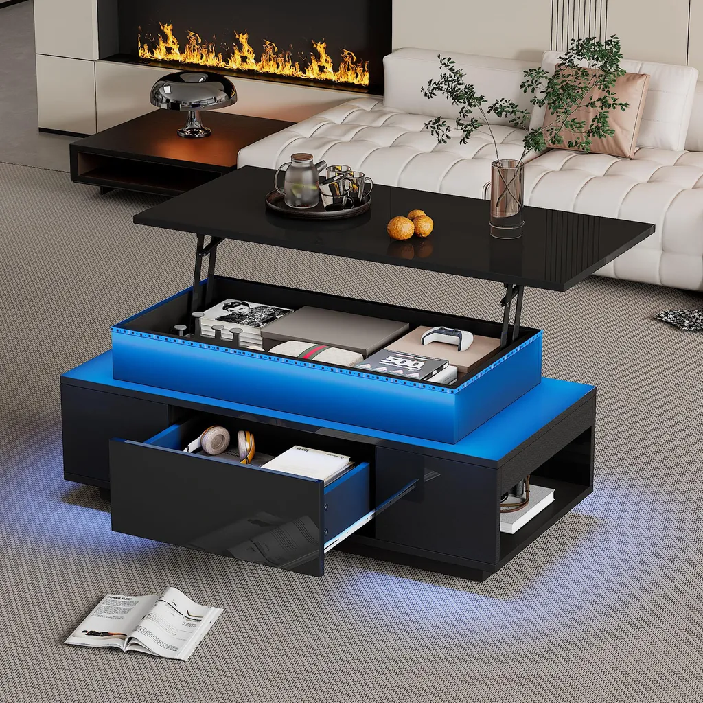 Tavolino da Caffè Sweiko: Piano Alzabile, Cassetto e LED Nero Lucido