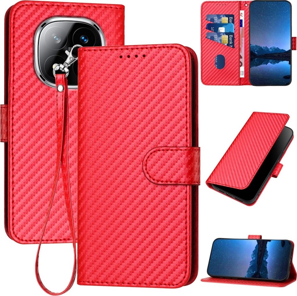 Für Xiaomi Redmi Note 14 Pro Plus 5G Carbon Fiber Kunstleder Hülle mit Lanyard Rot