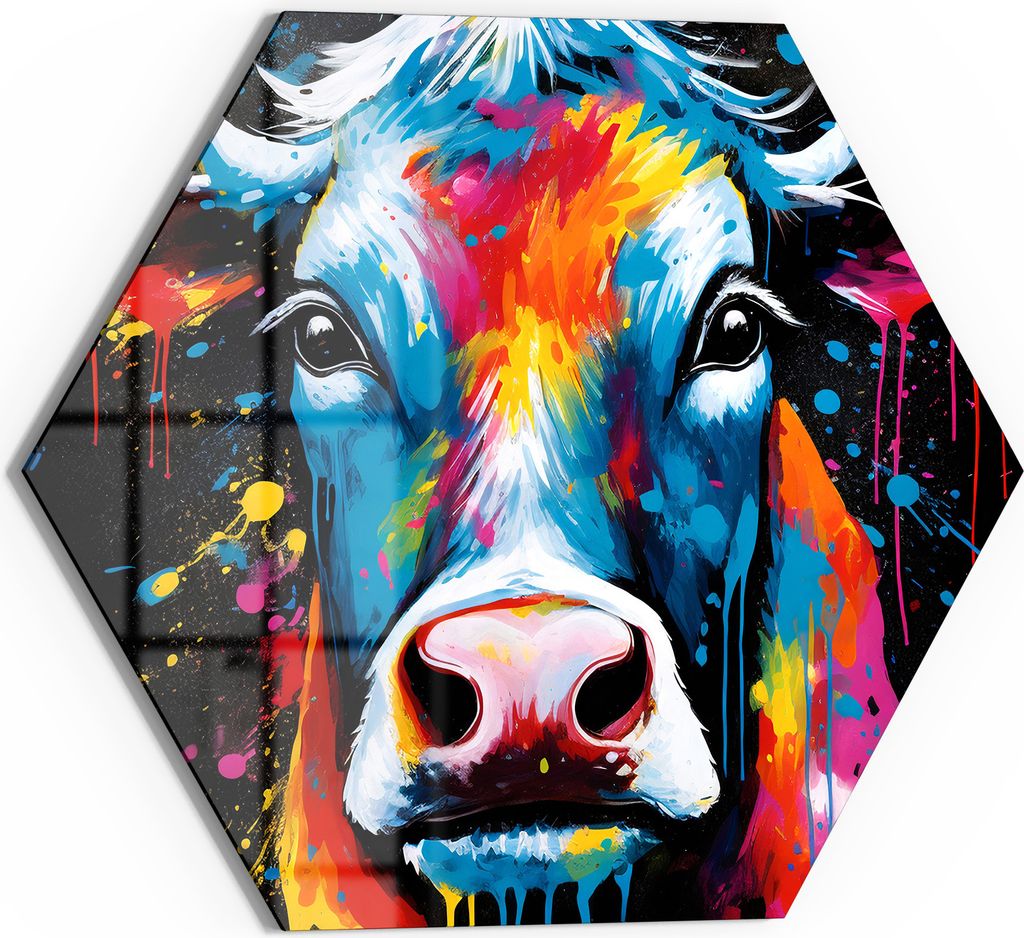 DEQOART Glasbild Echtglas 40x35 cm 'Kuh im Farbrausch' Wandbild Bild modern Deko