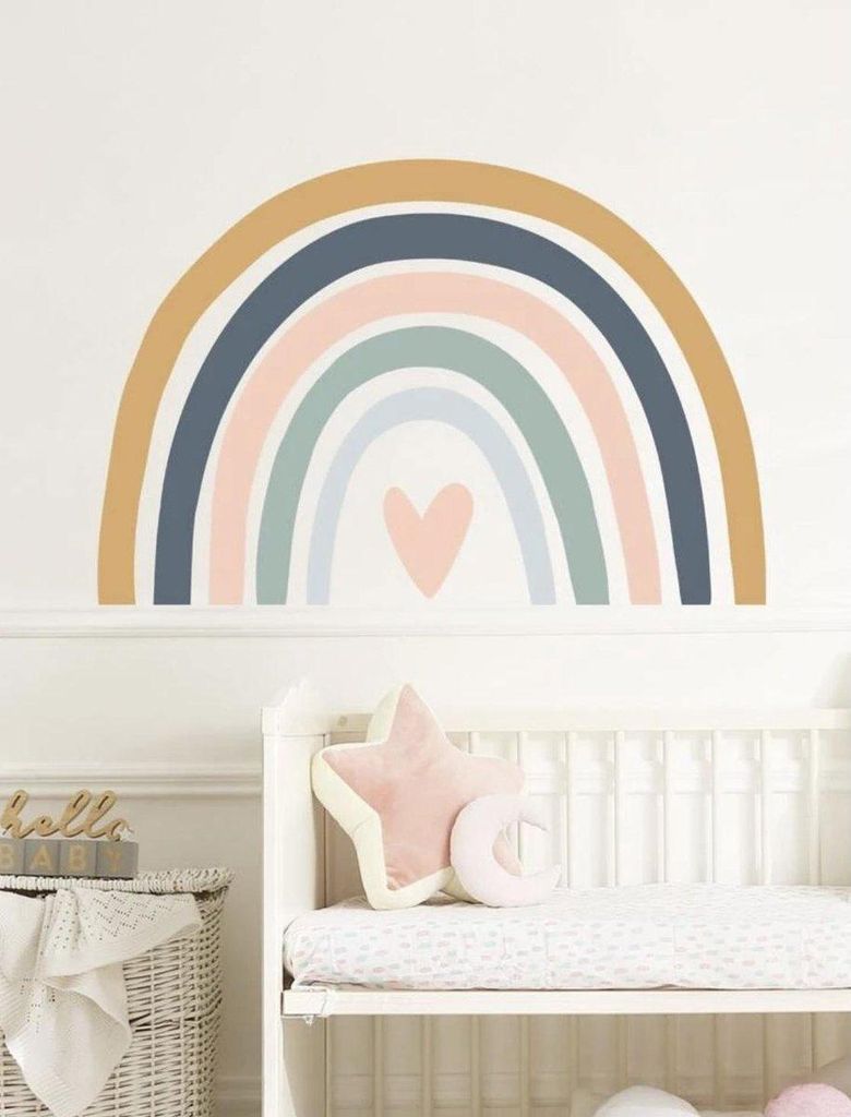 Regenbogen-Herz Wandsticker – Pastellfarben, Selbstklebend und Abnehmbar – Kinderzimmer und Babyzimmer – Mädchen