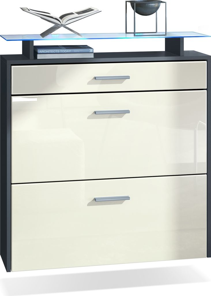 Vladon Schuhschrank Malea, Anthrazit matt/Creme Hochglanz inkl. LED - hängender Schuhkipper für 16 Paar Schuhe (89 x 96 x 23 cm)