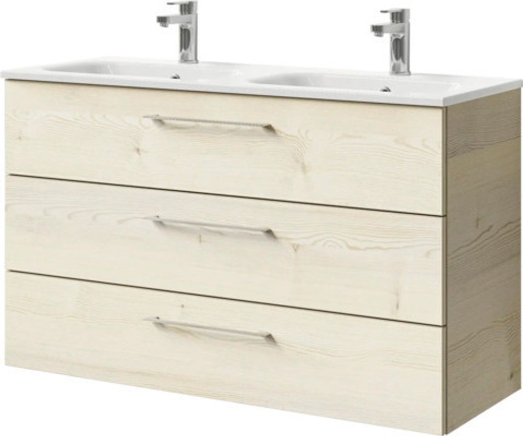 Badmöbel-Set Pelipal Sunline 121 BxHxT 121 x 74 x 46 cm Frontfarbe Polar Pinie mit Mineralguss-Doppelwaschtisch und Wasc