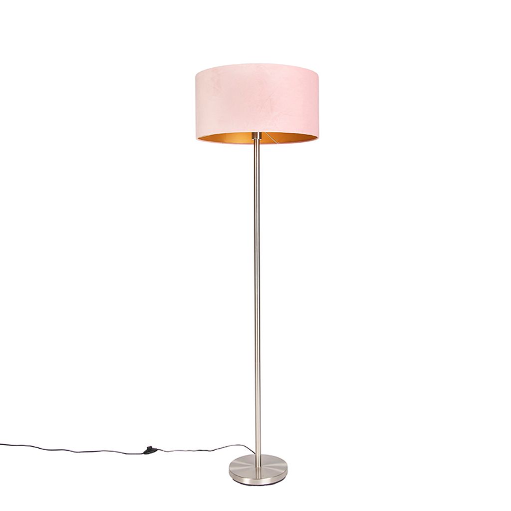 QAZQA - Stehlampe Stahl I Silber I nickel matt mit rosa Schirm 50 cm - Simplo I Wohnzimmer I Schlafzimmer - Stahl Kugel I Kugelförmig I Länglich ...