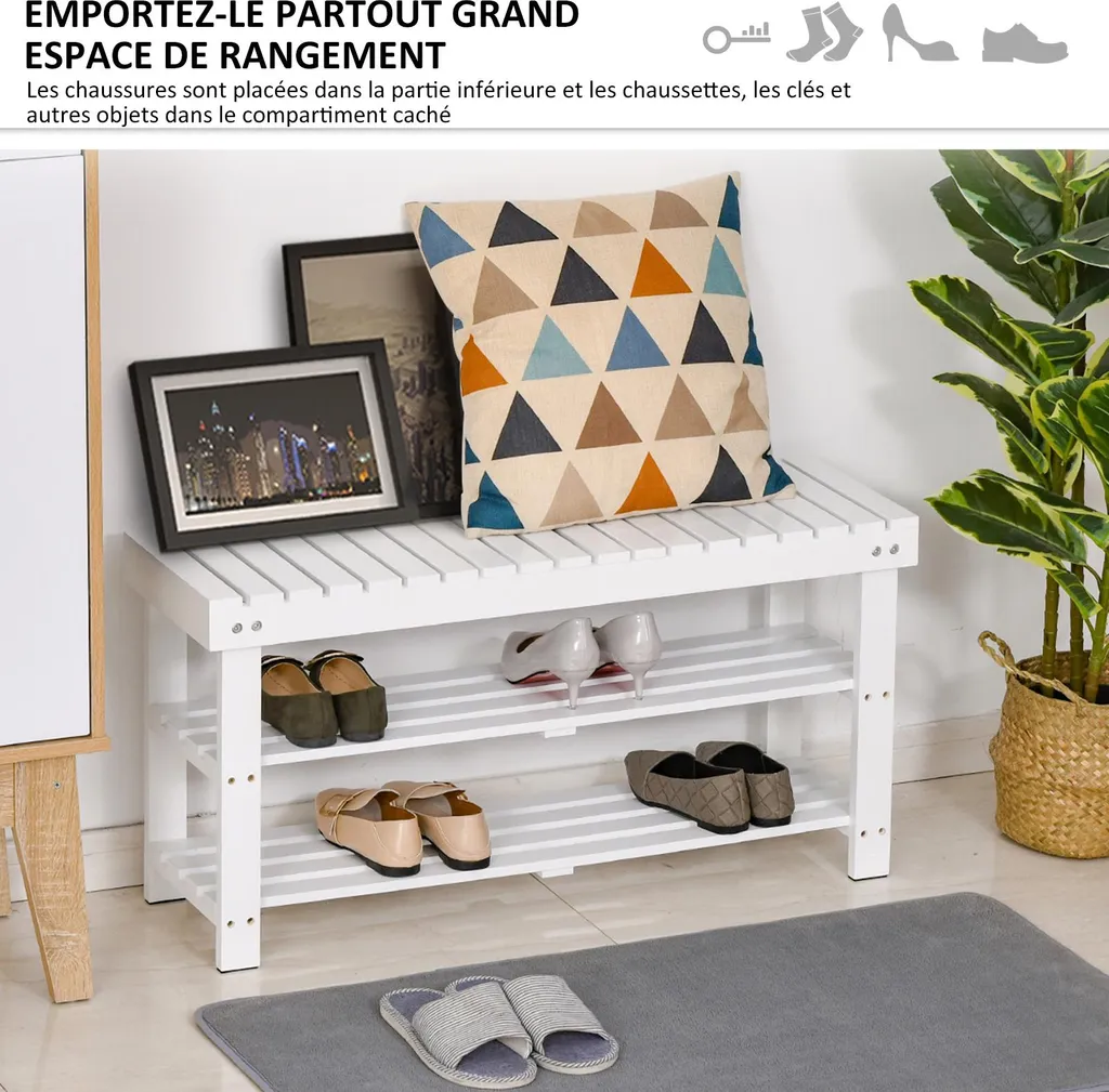 Meuble range-chaussures assise bois blanc 90cm avec coffre de rangement - 5