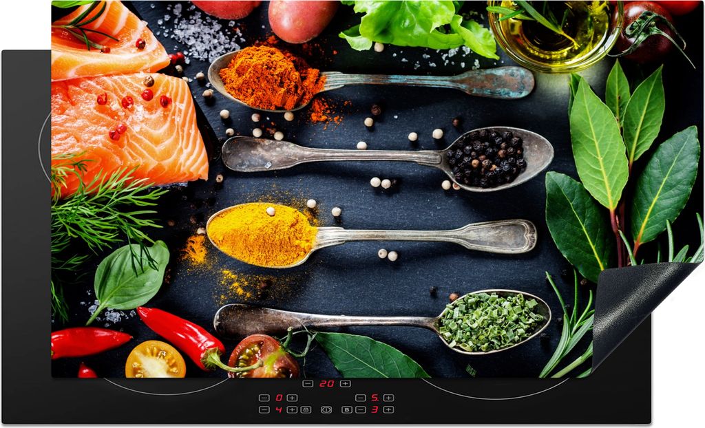 KitchenYeah Herdabdeckplatte Kräuter - Löffel - Küche - Gewürze , 89x51cm, Küche Deko, Glaskeramikfeld Herdabdeckung, Abdeckplatte fùr Koch...