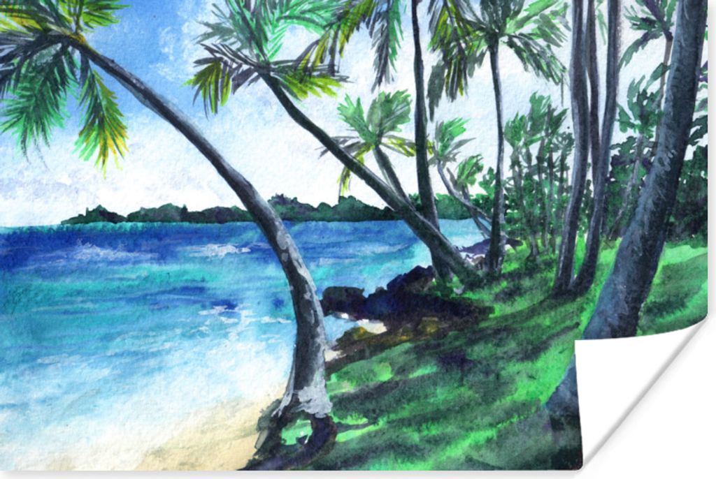 MuchoWow Poster Aquarell - Strand - Palme 90x60 cm - Schlafzimmer
