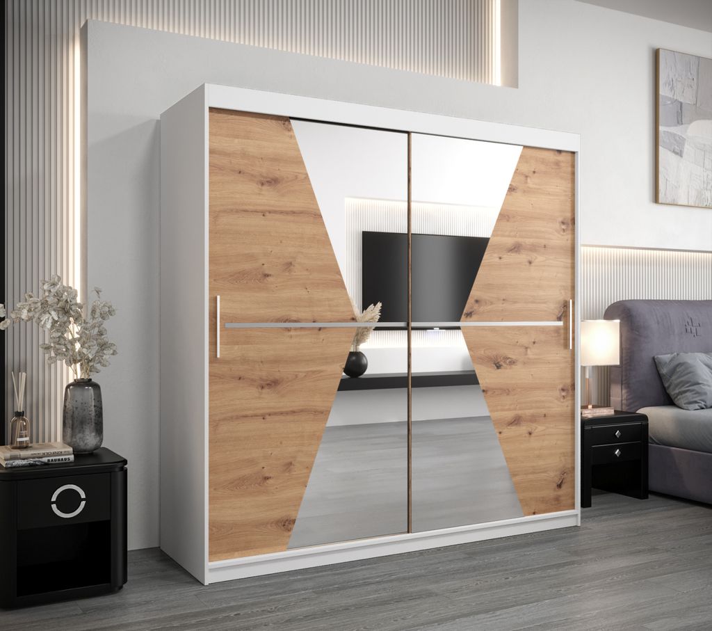Kleiderschrank MILANA – Breite 200 cm, weiß / Eiche artisan