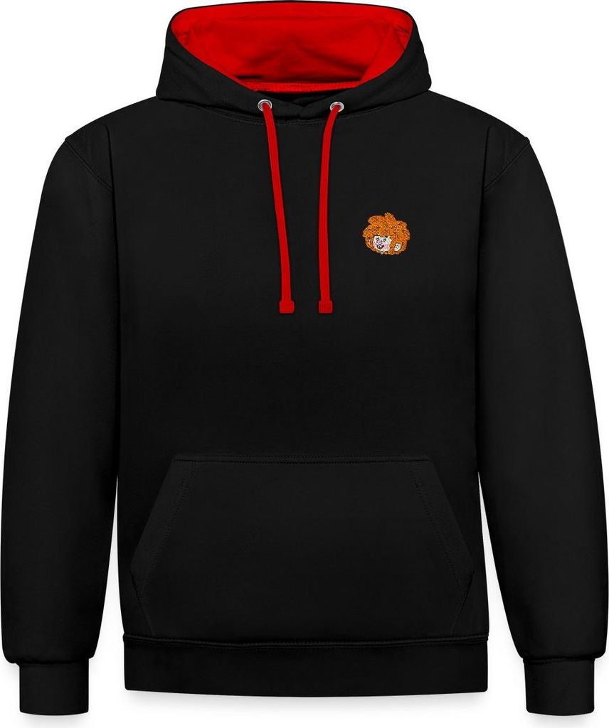 Spreadshirt Pumuckl Stickdesign Uni Kontrast Hoodie, M, Schwarz/Rot