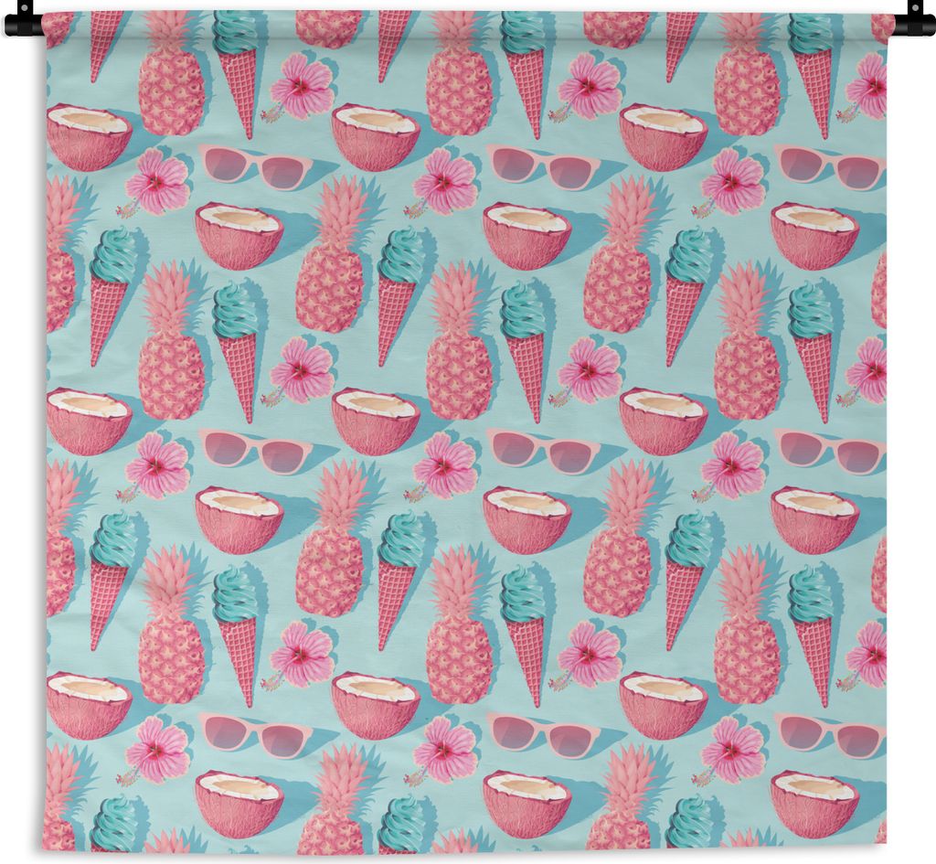 MuchoWow Wandteppich Wandbehang Sommer - Eiscreme - Obst - Rosa 150x150 cm Tapisserie Dekoration Wandtuch - Wohnaccessoires - Modernes