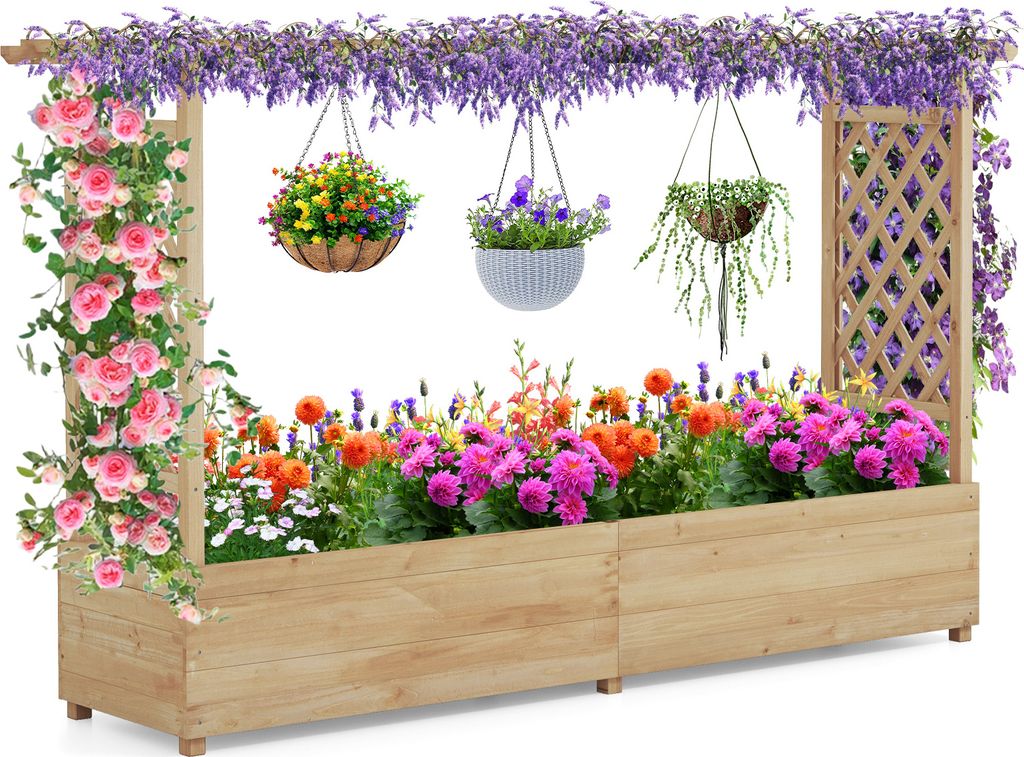 A wooden raised garden bed filled with colorful flowers and climbing plants, with hanging baskets suspended above.