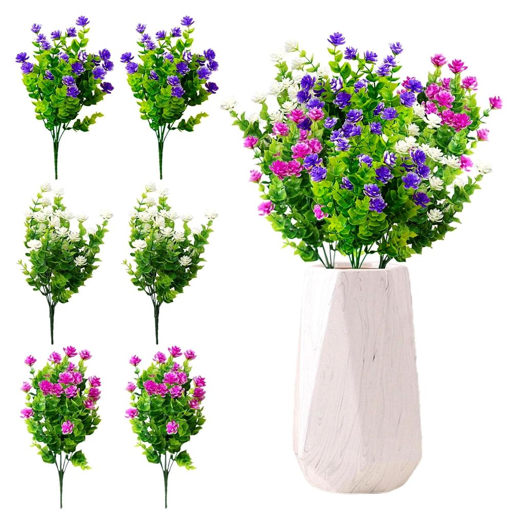 6 Bündel Künstliche Kleeblatt-Blumen - UV-beständige Balkonpflanzen in 3 Farben (Weiß, Lila, Rosa), 36 cm Wetterfeste Kunstblumen für Balkonka...