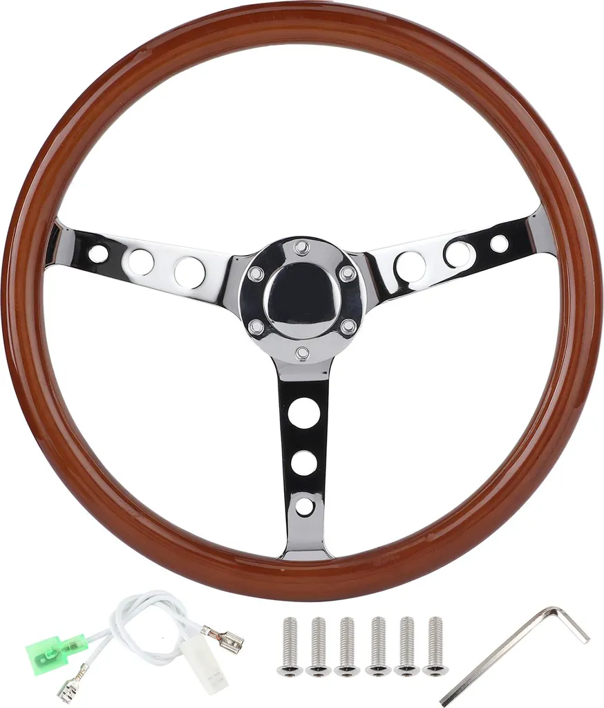 Volant de direction vintage en bois véritable et inox pour automobile