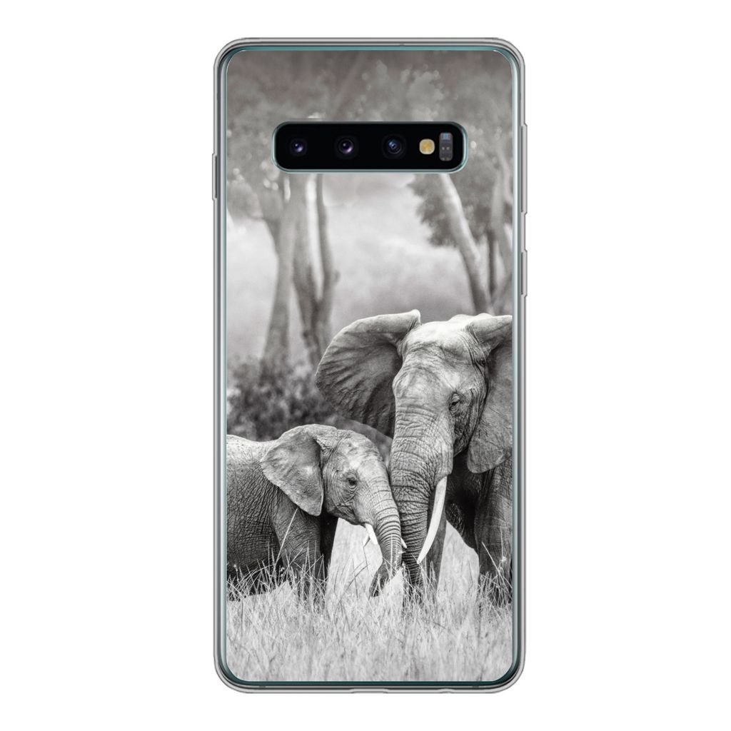 MuchoWow Handyhülle Schutzhülle Hülle für Samsung Galaxy S10 Elefant - Tiere - Natur - Schwarz und weiß Silikon Softcase Handy Hülle - Hand...