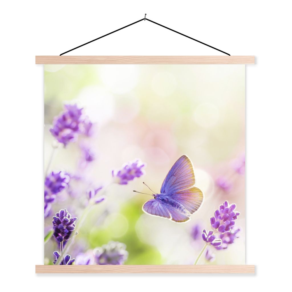 MuchoWow Textilposter Lavendel - Schmetterling - Blumen 40x40 cm mit holzfarbenen Rahmen - Posterleiste