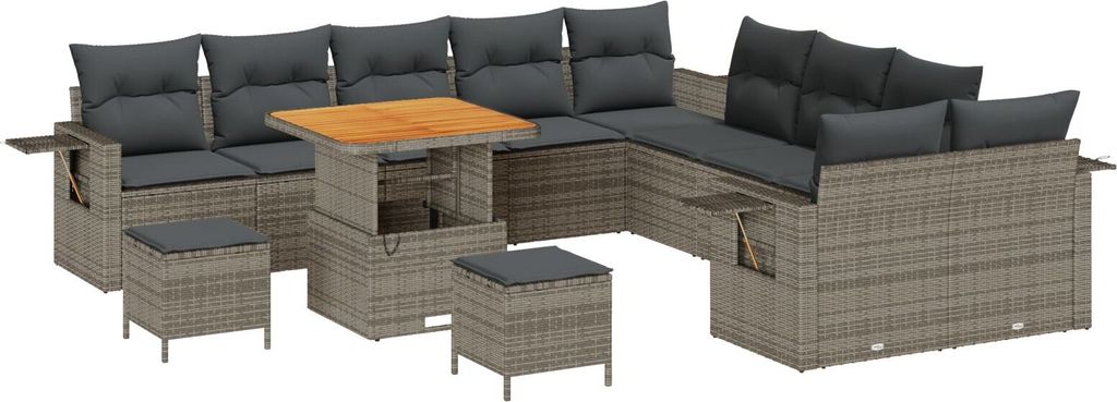 13-teiliges Garten Sofa Set mit Kissen Grau Poly-Rattan Akazie, 3-teilige Garten Essgruppe mit Kissen Grau Poly-Rattan Akazie, Gartensofas DesignM...