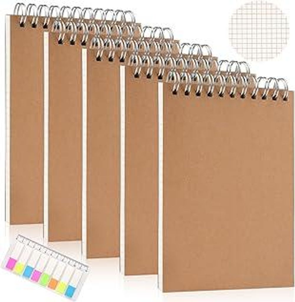 Notizbuch A6 Kariert, 5 Stück 80 Blatt Schreibblock Kariert, Kraft Cover Collegeblock, Klein Spiral Notizheft mit Haftstreifen, Journal Tagebuch S...