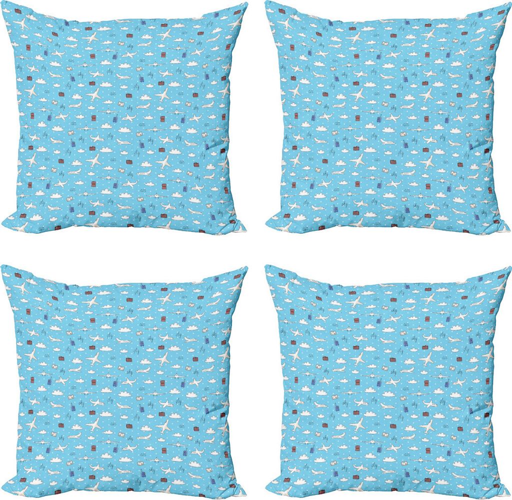 ABAKUHAUS Flughafen Kissenbezug Set (4 Stück), Flugzeuge und Gepäck auf Sky, Moderner Doppelseitiger Digitaldruck, 50 cm x 50 cm, Sky Blue Multic...