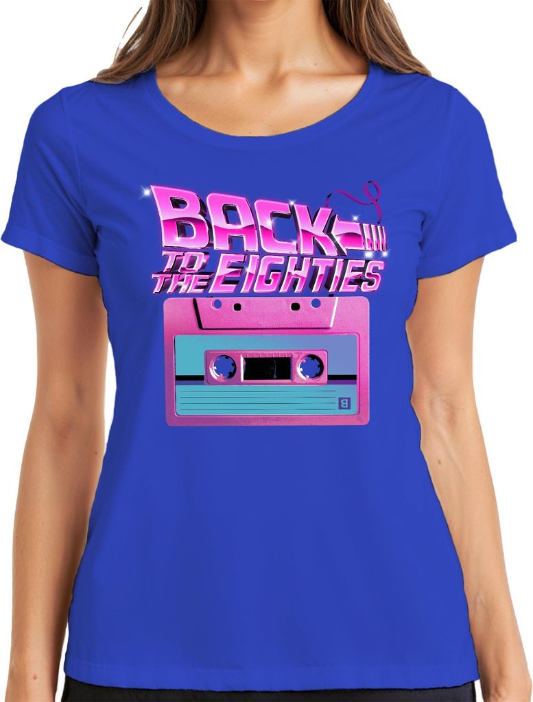 Back to the Eighties 80er Retro Kassette Neon Vintage Synthwave Damen T-Shirt, Blau, 3XL