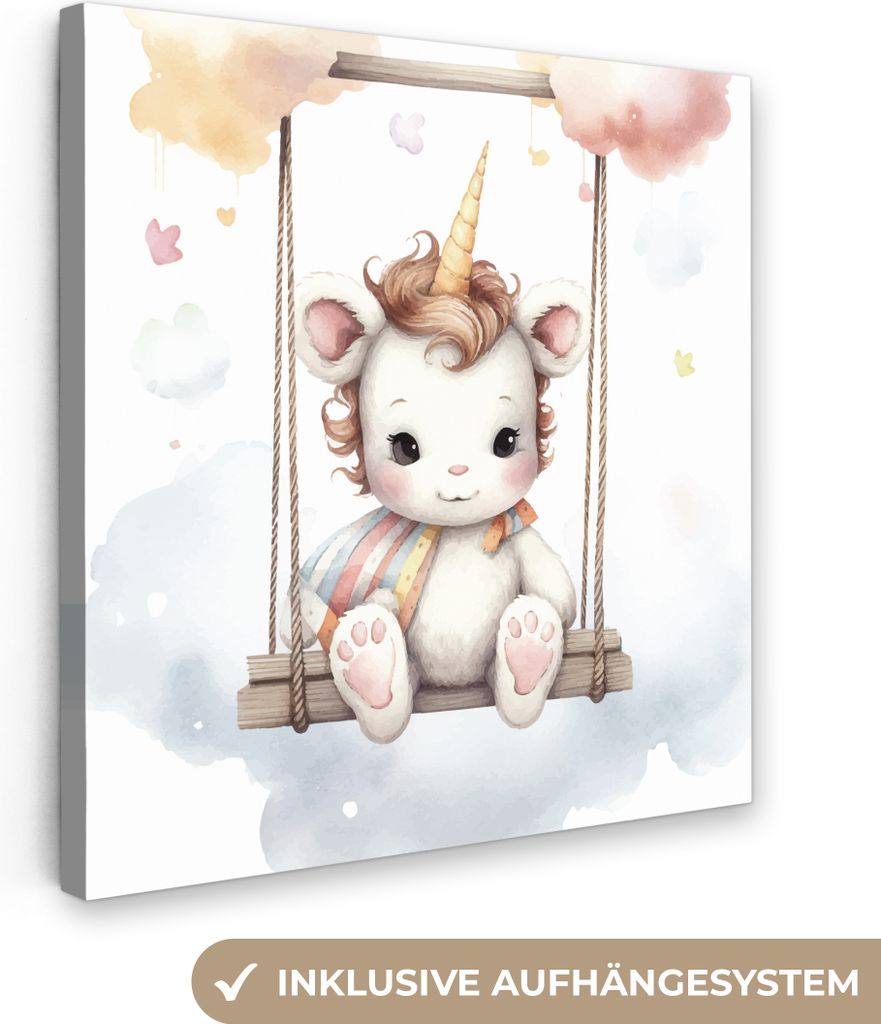 MuchoWow - Leinwandbilder - Einhorn - Tier - Kinder - Einhorn, Wandbild, Wanddeko Bilder Wohnzimmer, 90x90 cm