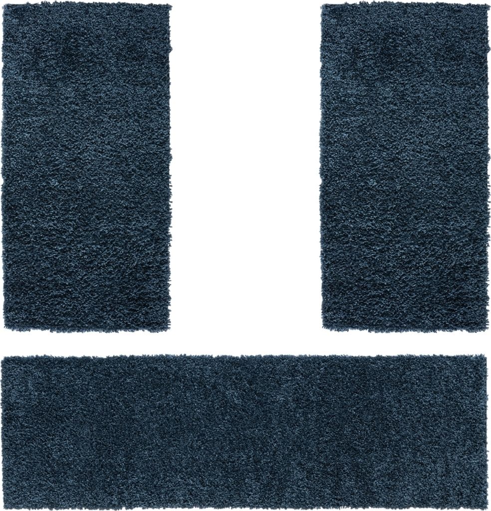 MY-RUG Shaggy Star Bettumrandung Hochflor 3 teilig, Läufer, Schlafzimmer, dunkelblau, 250x80