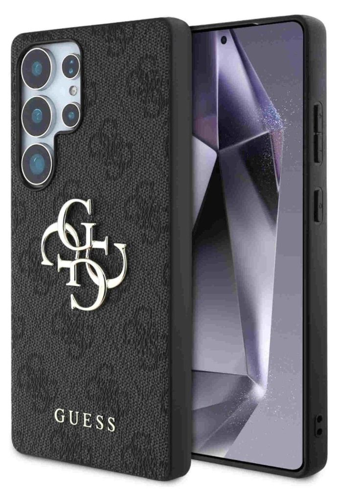 A black smartphone case with a Guess logo and pattern, shown next to a smartphone.