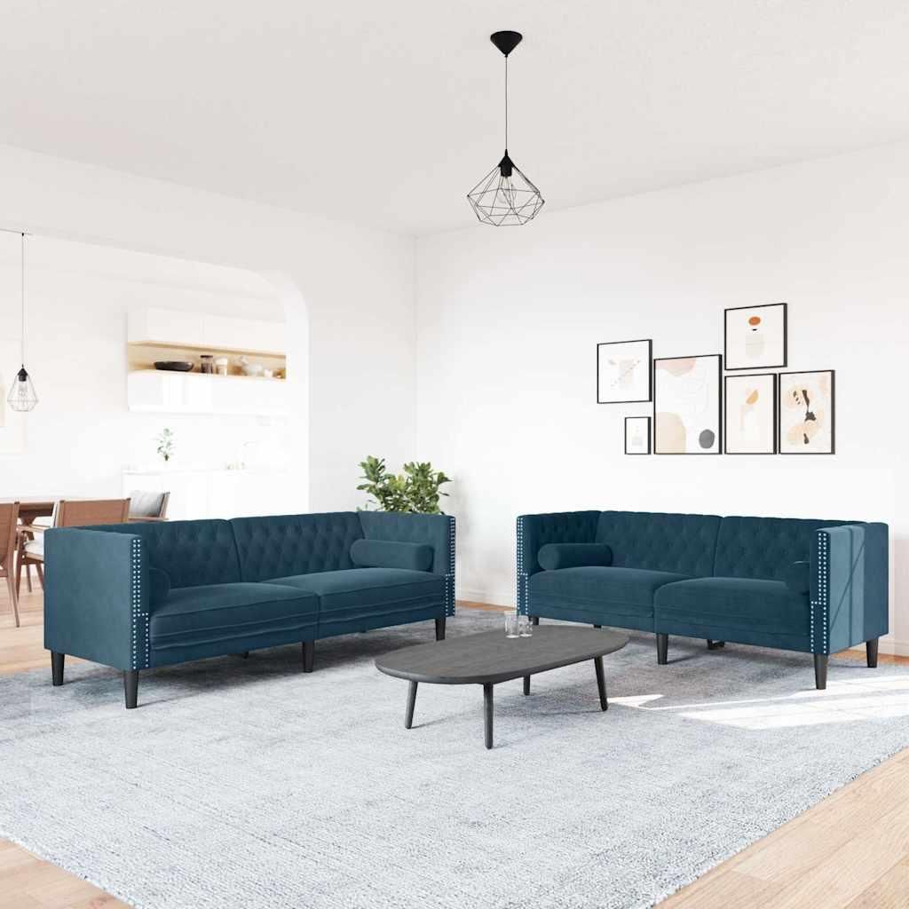 vidaXL 2-tlg. Chesterfield-Sofa-Set mit Nackenrollen Blau Samt