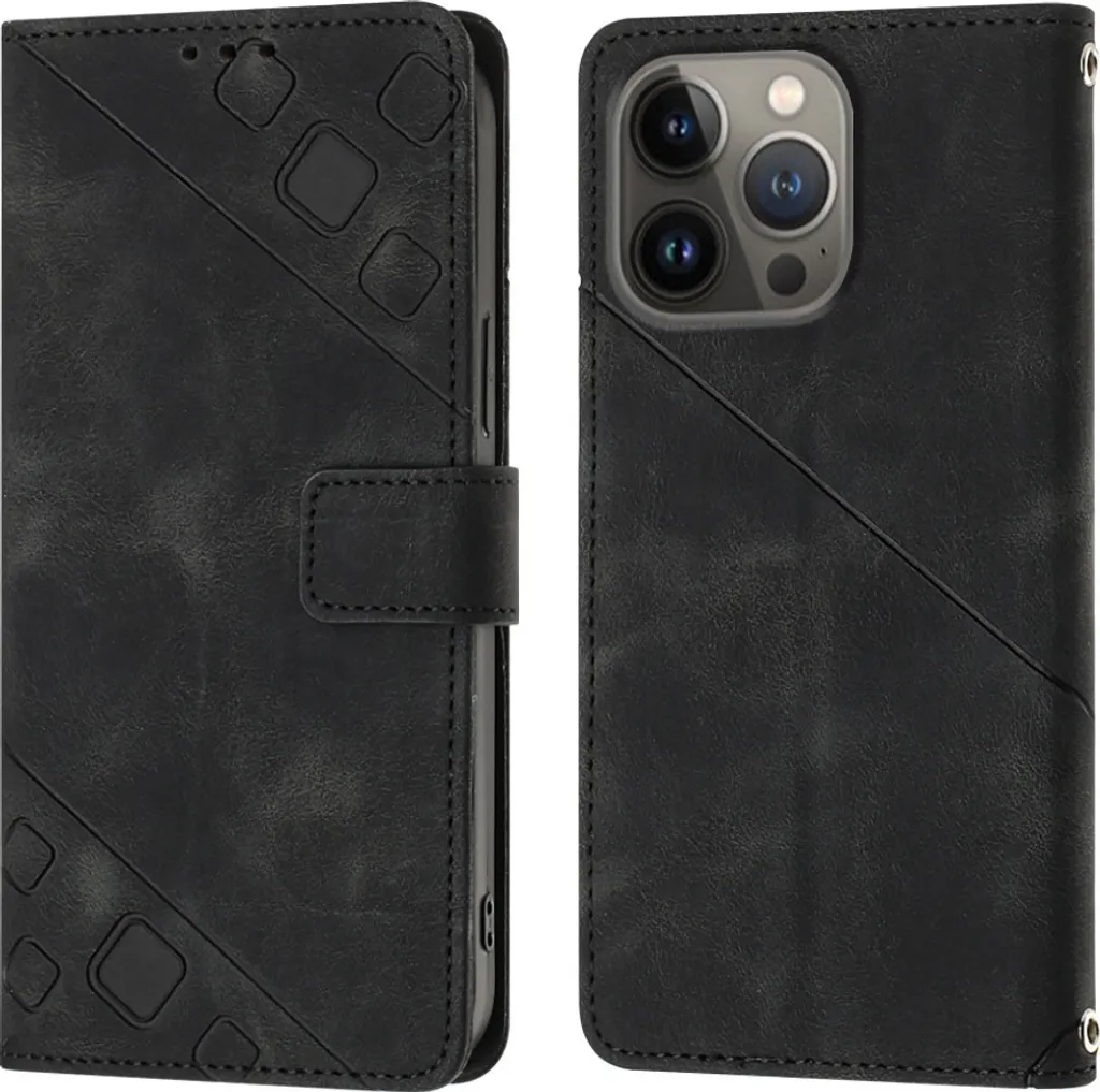 Custodia iPhone 13 Pro Max Pelle Nera in Rilievo | Cover Portafoglio