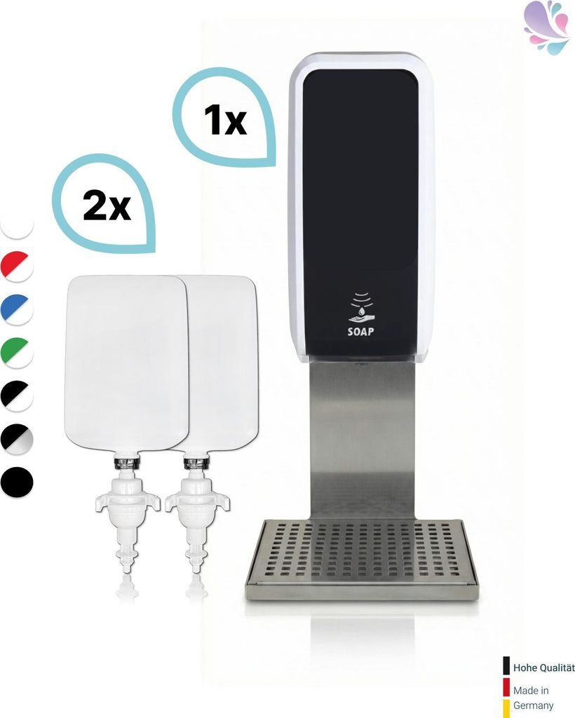 SET: Schaumseifenspender SENSOR Cosmos (berührungslos) +2x1L Schaumseife mild+ Edelstahlhalterung mit Auffangschale Wandmontage : Farbe - Schwarz ...