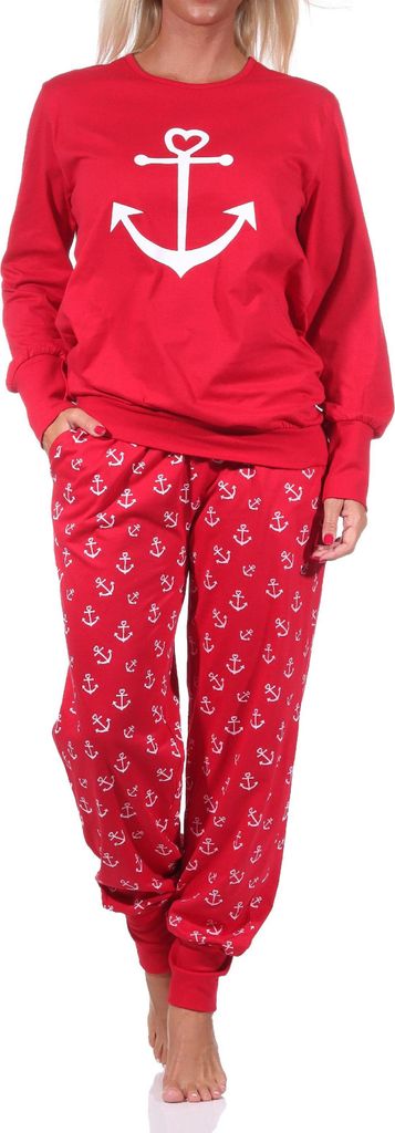 Damen Schlafanzug Pyjama mit Bündchen in maritimer Optik mit Anker als Motiv -212 90 910 ; rot , 48