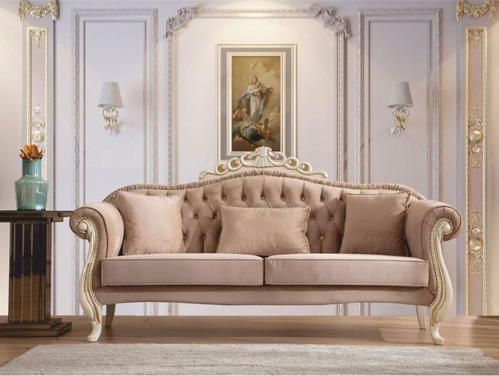 Casa Padrino Luxus Barock Wohnzimmer Sofa Hellbraun / Weiß / Gold 210 cm - Barockstil Möbel