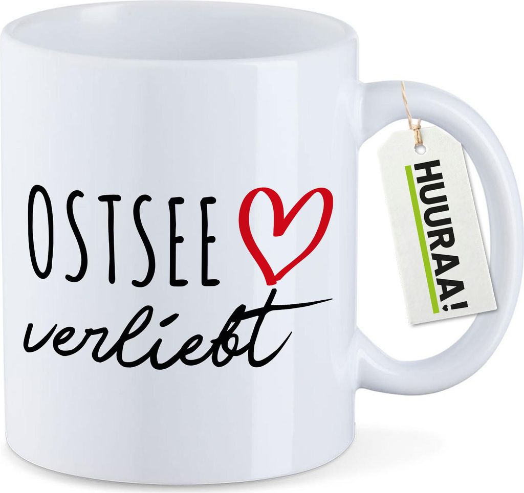 Huuraa Kaffeetasse Ostsee verliebt 330ml Weiß Keramik Kaffeebecher Geschenkidee
