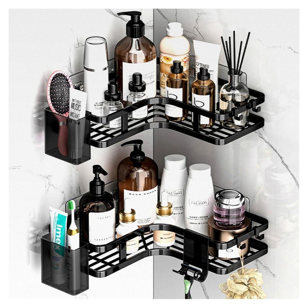 Eckregal für die Dusche ohne Bohren, 2 Stück, Badezimmer Organizer mit 4 Haken, Duschablage Zubehör, Shampoo Halterung für das Badezimmer in Sc...
