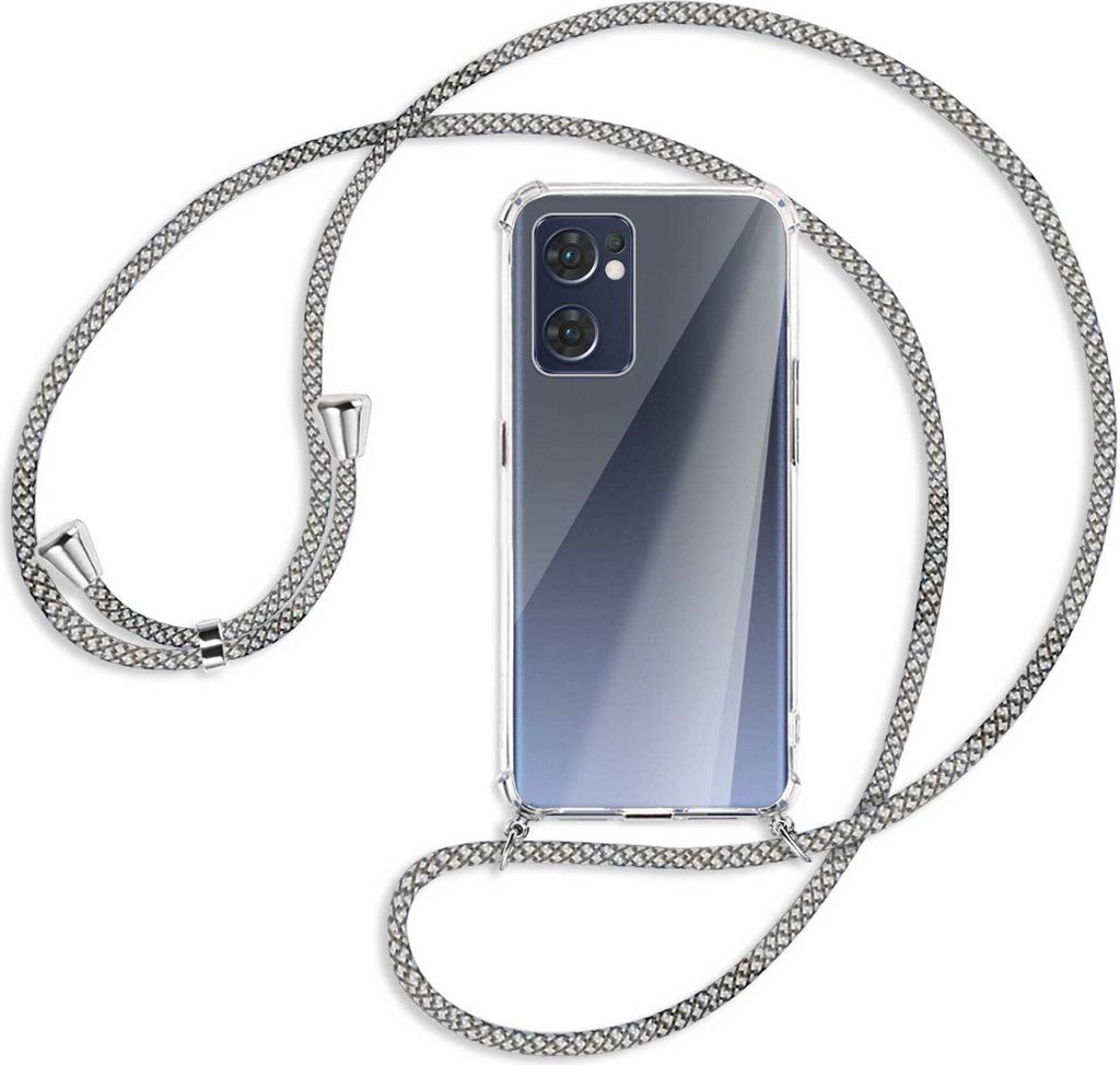 Handykette Backcover-Schutzhülle mit Band (Metall silberfarben) für Oppo Reno7 5G / Find X5 Lite - weiß/grau kariert