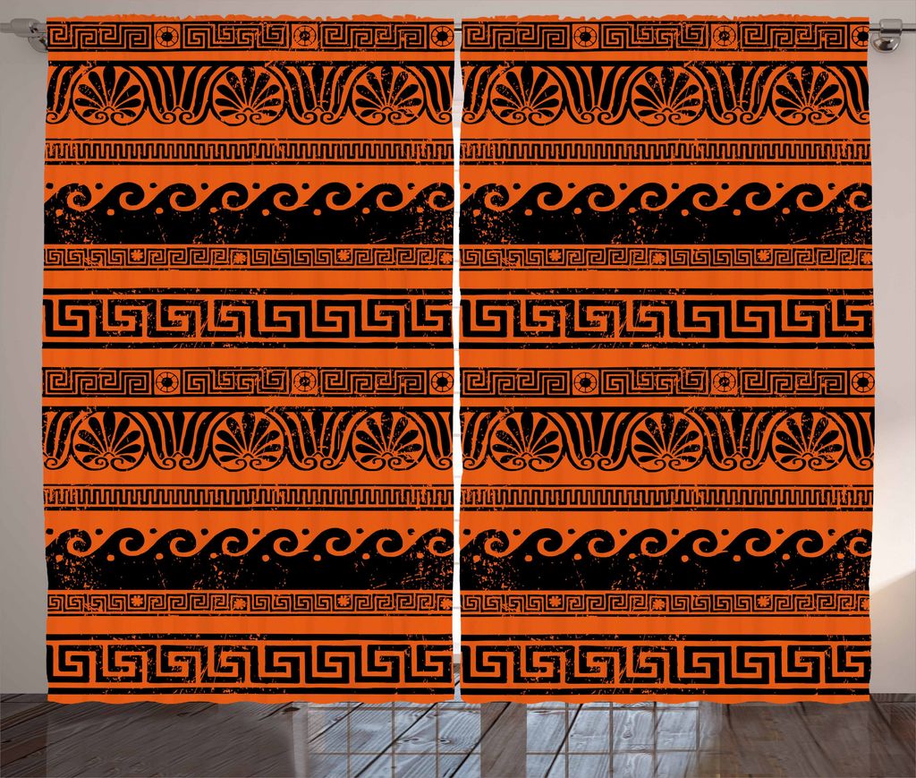 ABAKUHAUS Toga-Party Rustikaler Vorhang, Old Border Ornament, Wohnzimmer Universalband Gardinen mit Schlaufen und Haken, 280 x 175 cm, Orange Schwarz