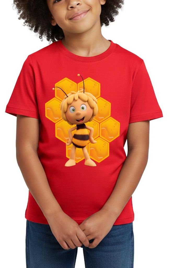 Spreadshirt Die Biene Maja 3 Maja Mit Bienenwabe Kinder T-Shirt, 122/128 (7-8 Jahre), Rot