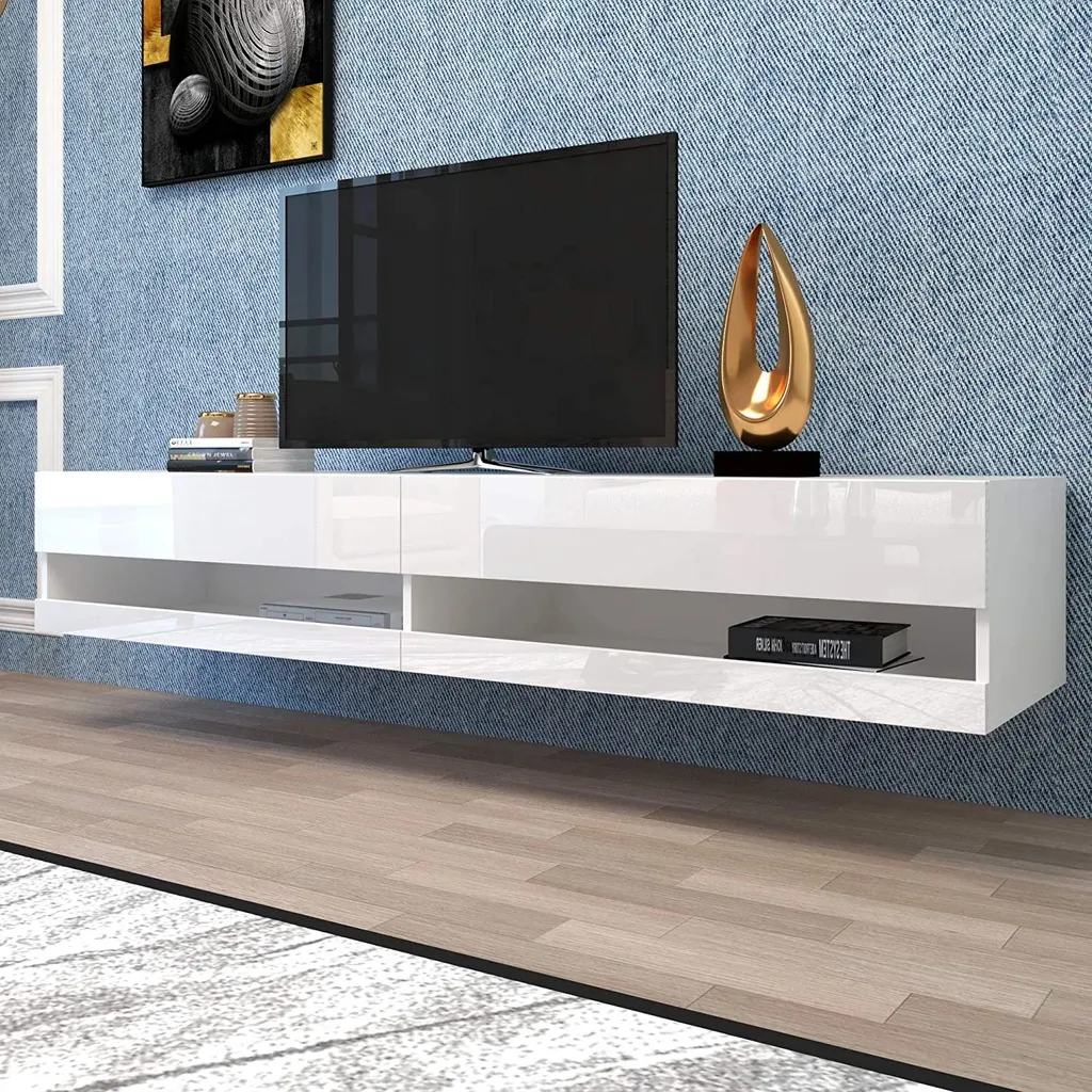 Meuble TV LED Suspendu 140cm avec Grands Rangements Blanc par OKWISH
