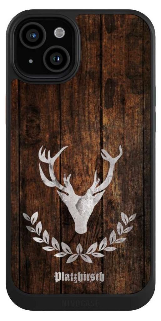 NIVOCASE Hülle für Apple iPhone 15 Plus Handyhülle NIVOcore Case Schwarz Hirsch Holz Holzoptik