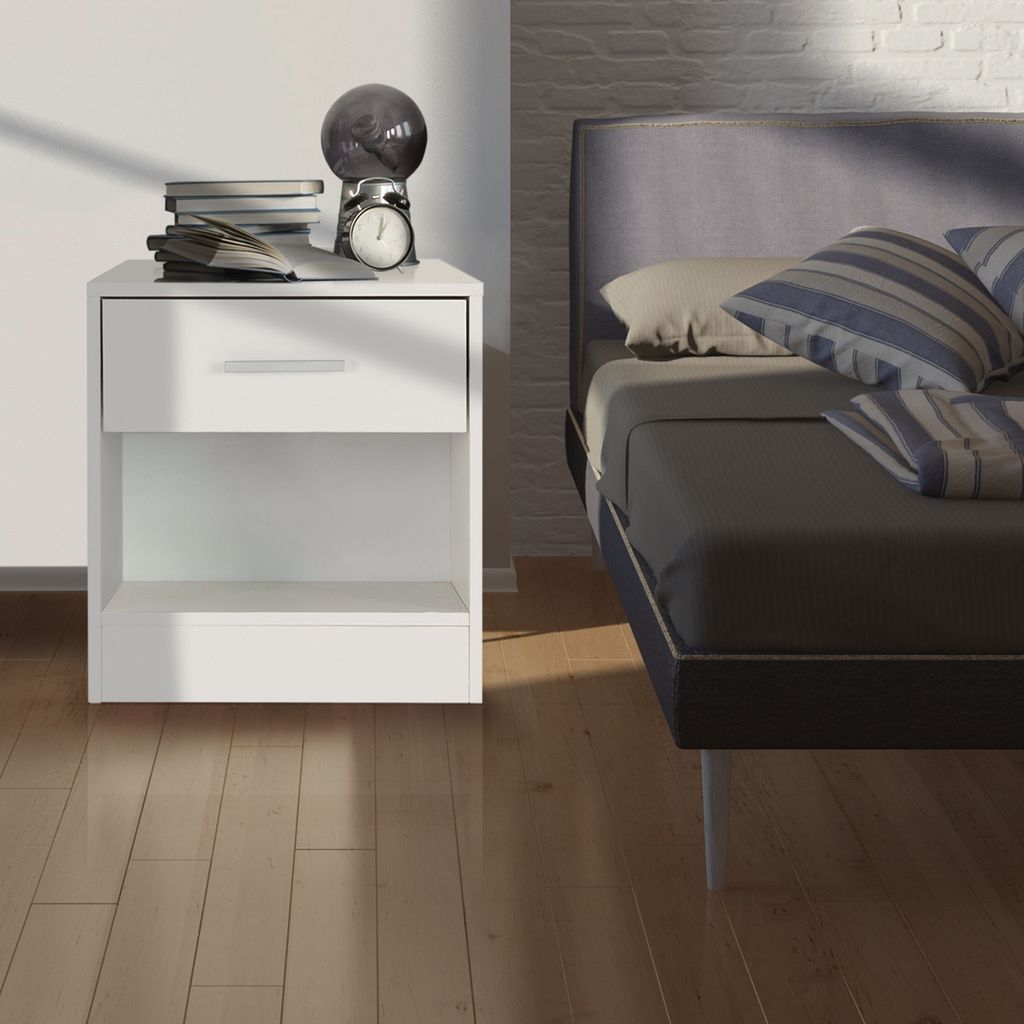 ML-Design Nachttisch mit einer Schublade und offenem Fach, Weiß, aus Holz, 36,5x38,5x30cm, Alu Griff