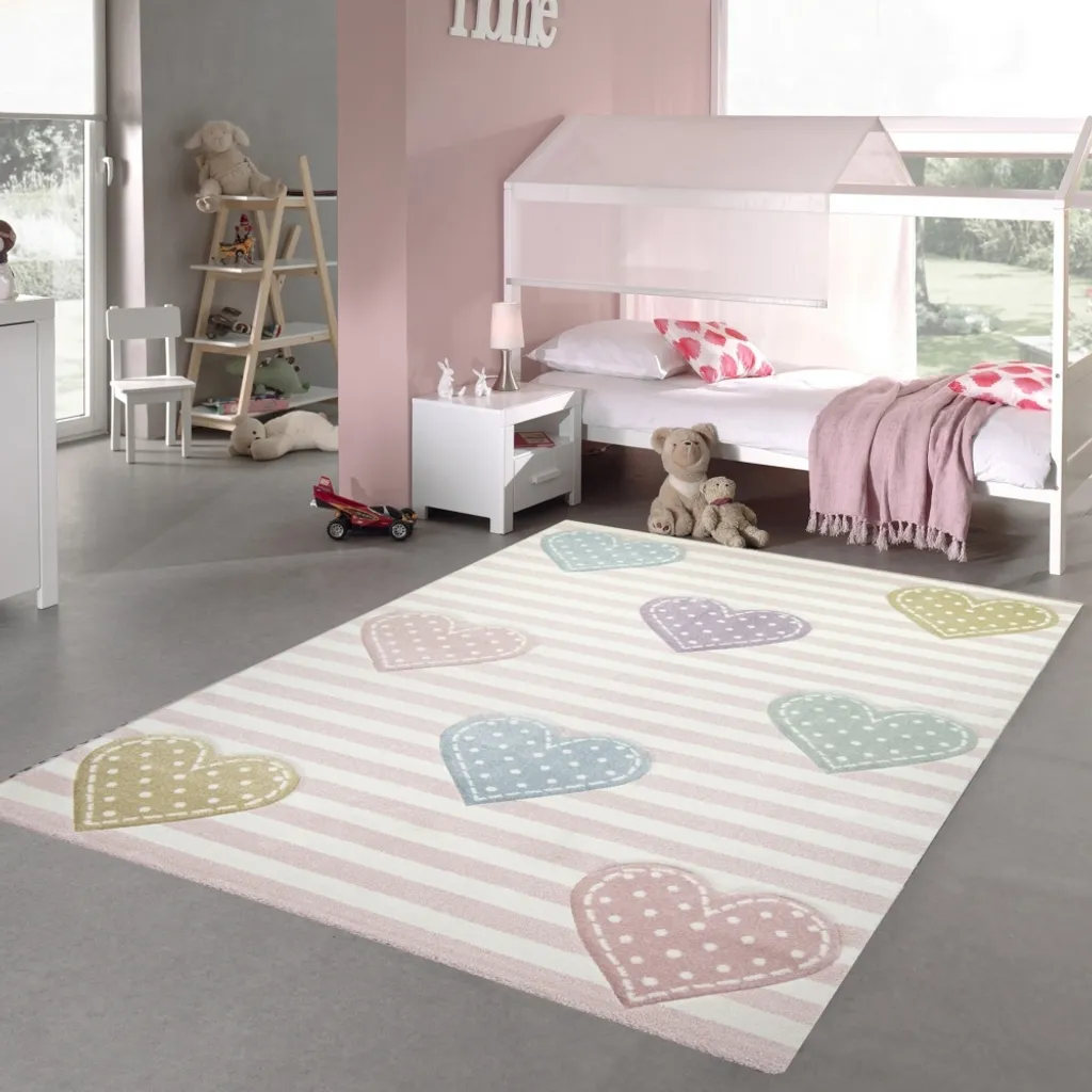 Tapis de jeu enfant cœurs rose pour grande chambre fille 200x290