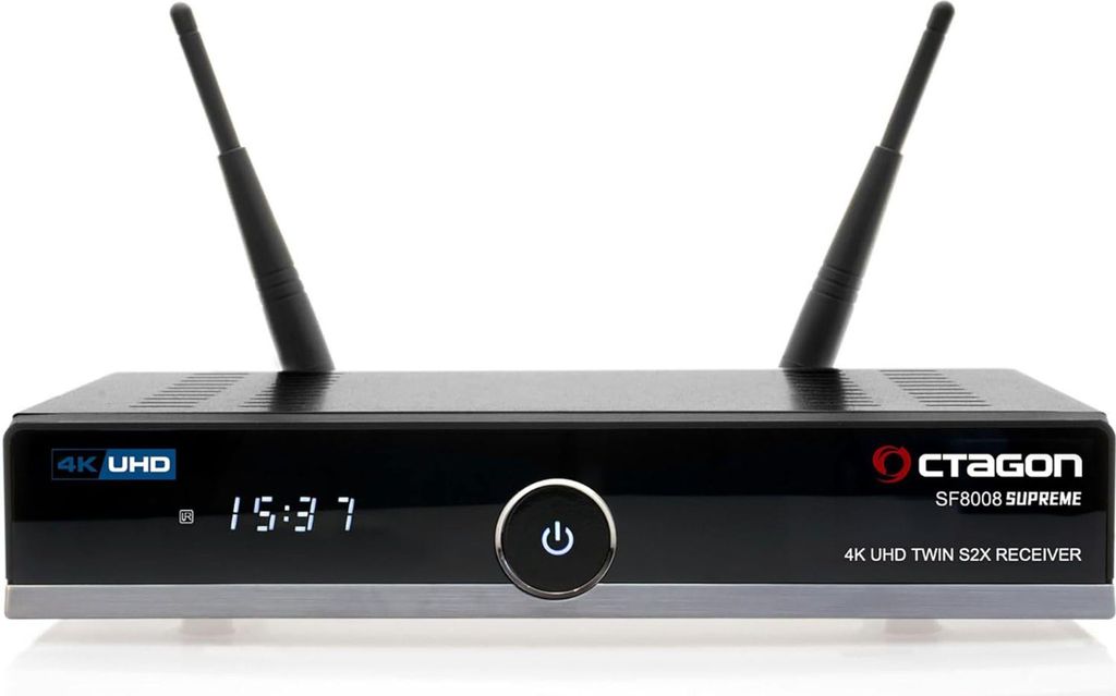 A black Octagon SF8008 V3 Supreme Twin Sat Receiver with two antennas is shown against a white background.