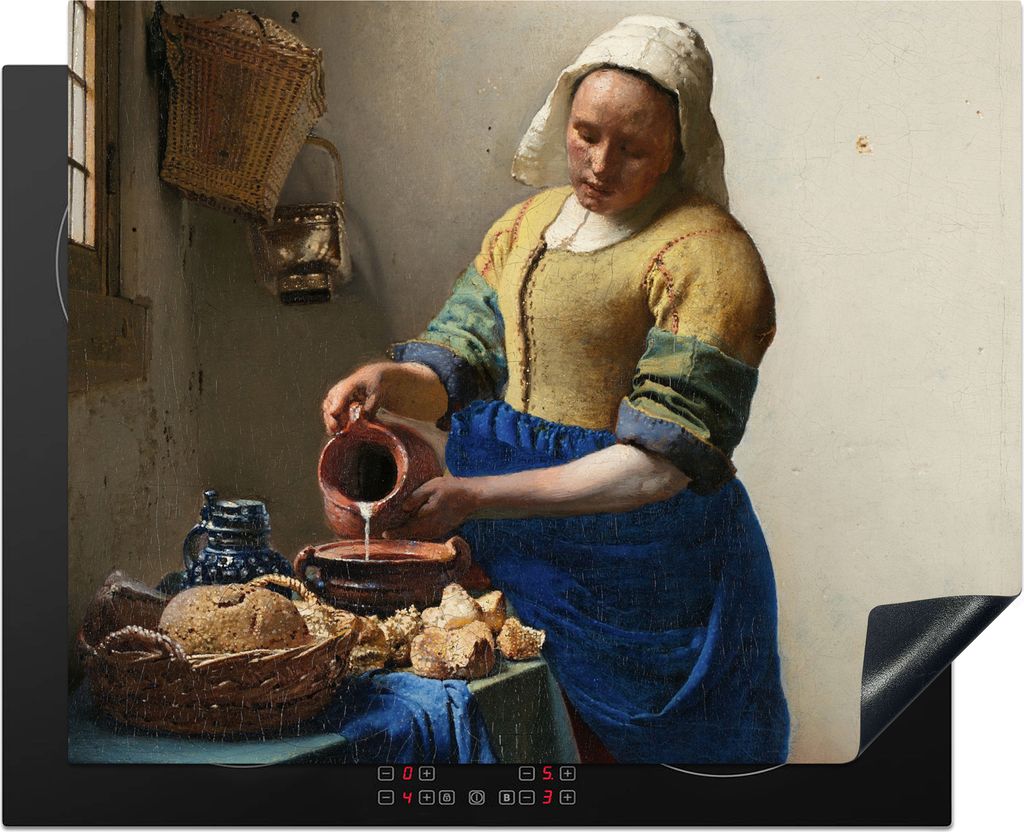 KitchenYeah Herdabdeckplatte Das Milchmädchen - Kunst - Alte Meister - Vermeer , 65x52cm, Küche Deko, Glaskeramikkochfeld Herdabdeckung, Abdeck...