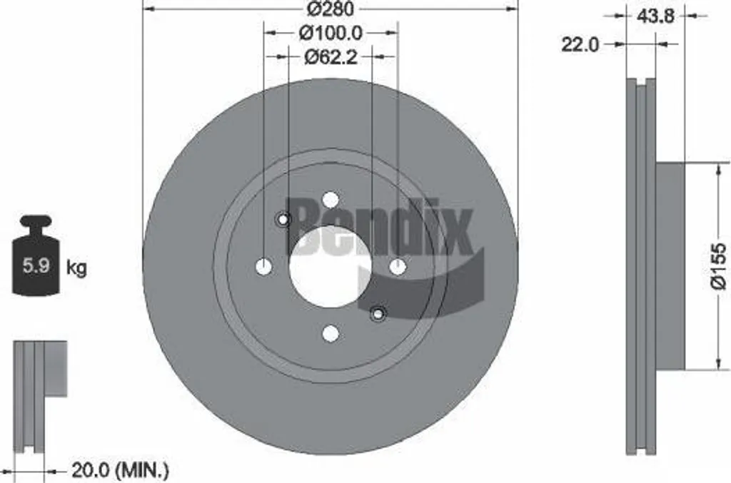 Disque de frein BENDIX BDS1508 - OE 51712C8500 pour Hyundai i20 et Bayon