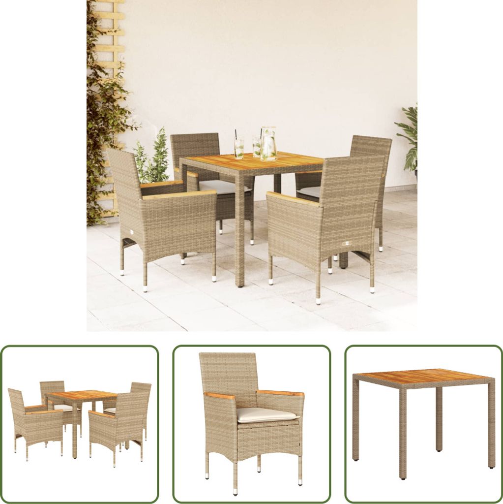 The Living Store 5-tlg. Garten-Essgruppe mit Kissen Beige Poly Rattan Akazie