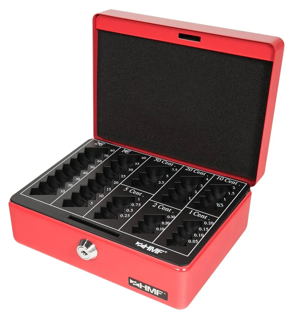Caisse à monnaie pour vide-greniers 20 cm rouge avec serrure à clé